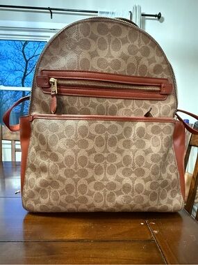Coach Brown/Tan Signature Backpack with Burgundy Interior